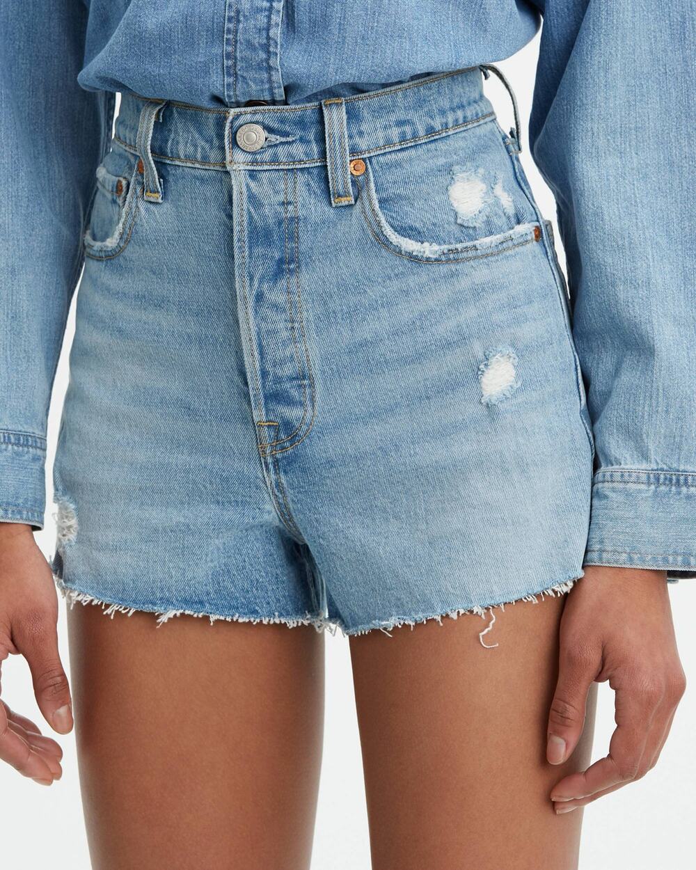 Levi’s Ribcage High Rise Distressed Cut Off Denim Blue Jean Shorts Size 27